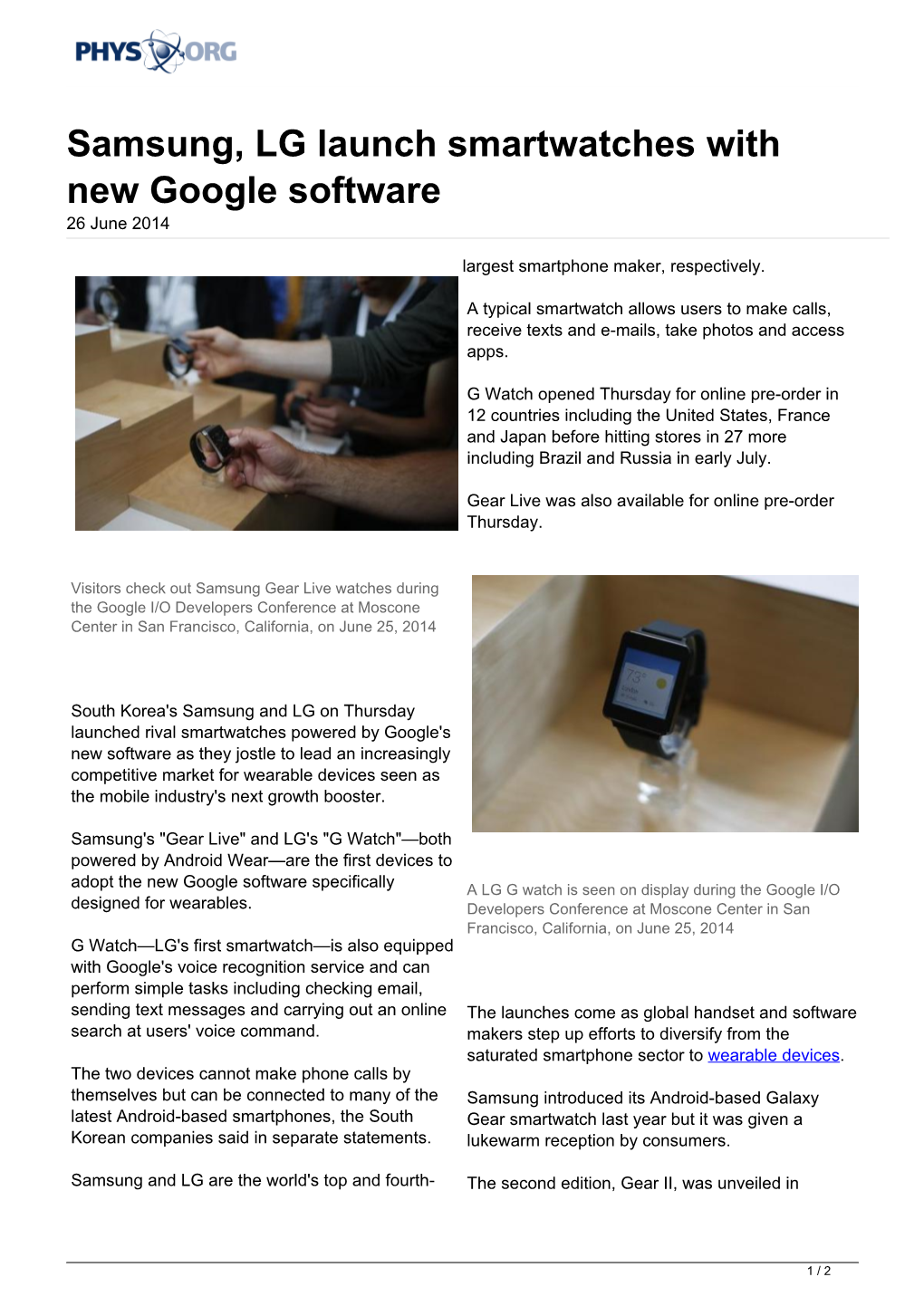 Samsung, LG Launch Smartwatches with New Google Software 26 June 2014