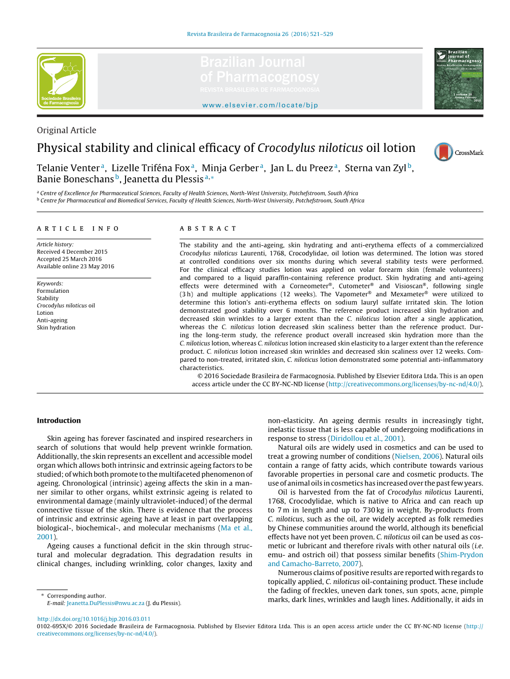 Physical Stability and Clinical Efficacy of Crocodylus Niloticus Oil