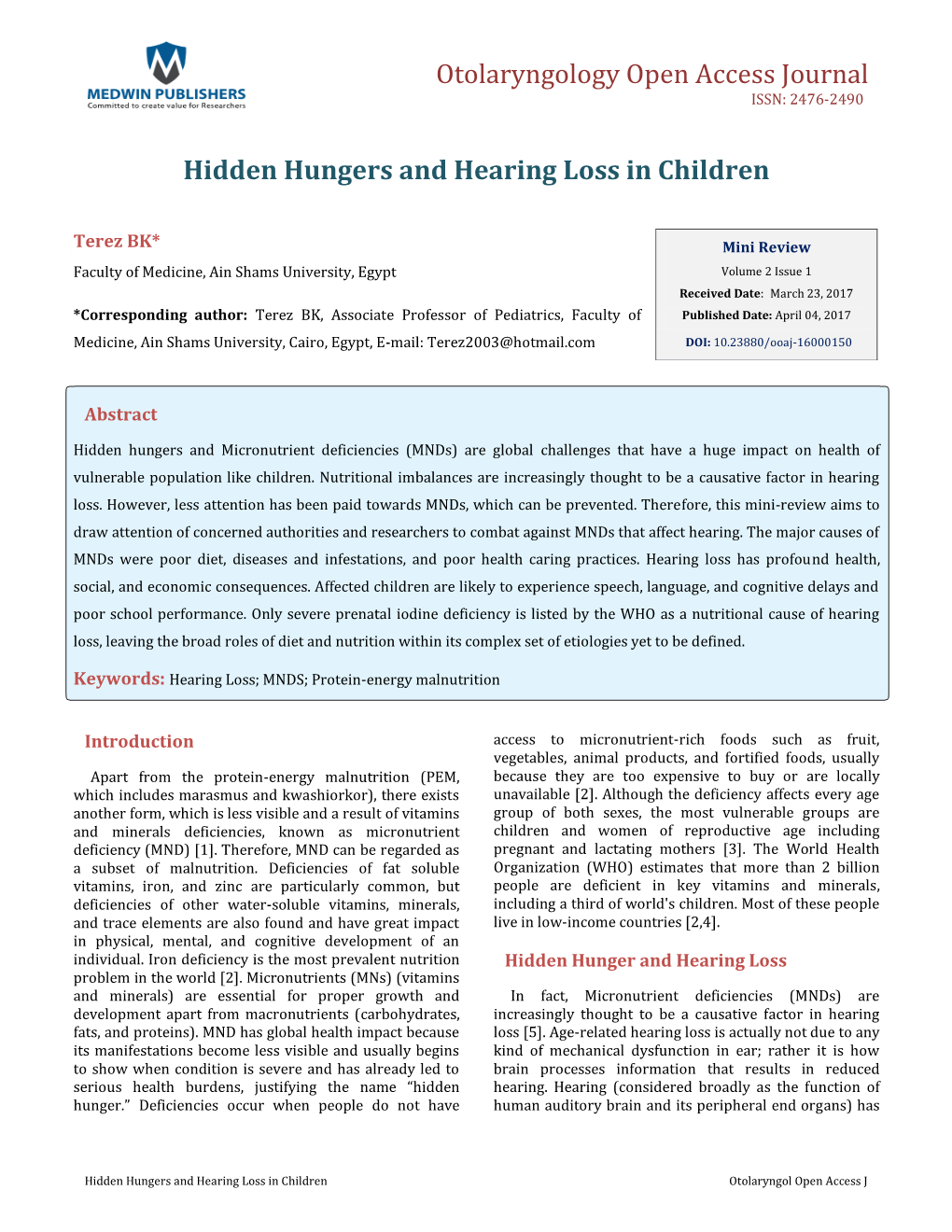 Hidden Hungers and Hearing Loss in Children