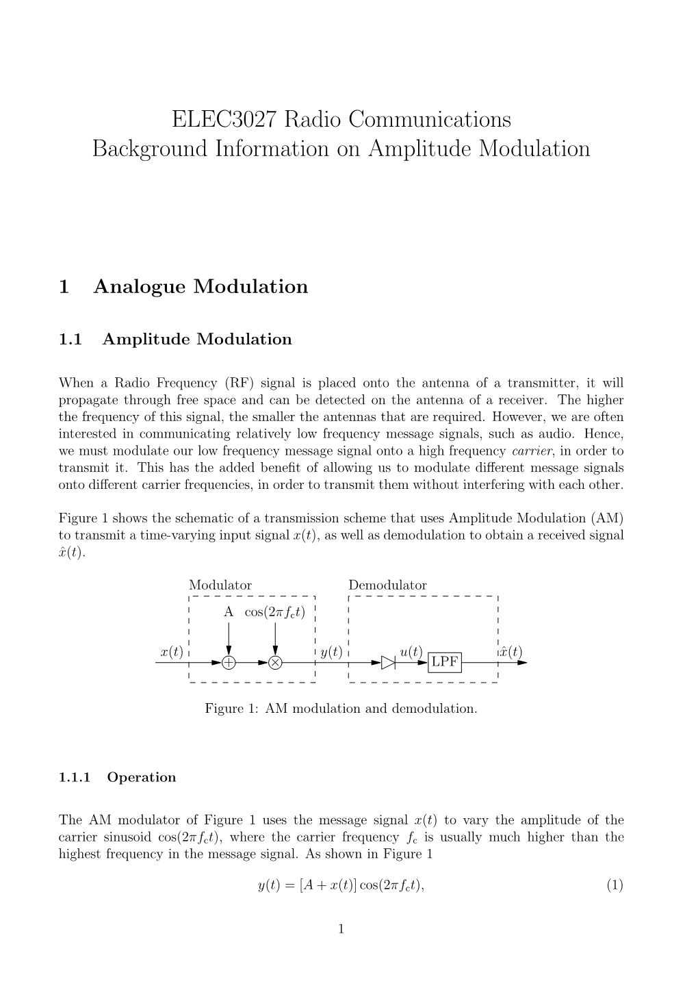 ELEC3027 Radio Communications Background Information on Amplitude Modulation