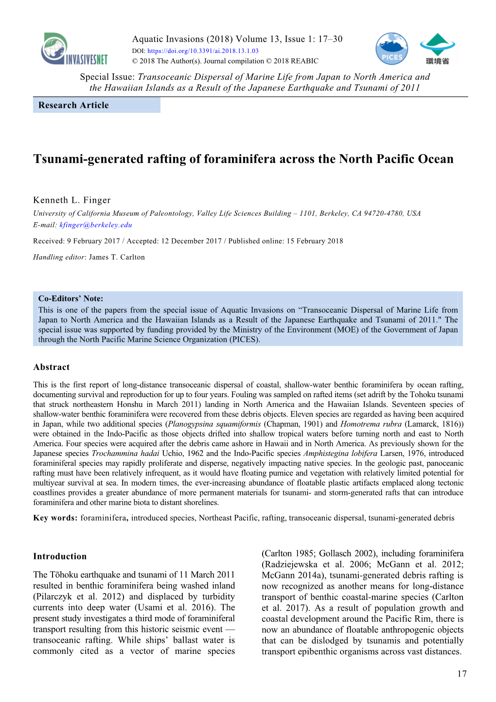 Tsunami-Generated Rafting of Foraminifera Across the North Pacific Ocean