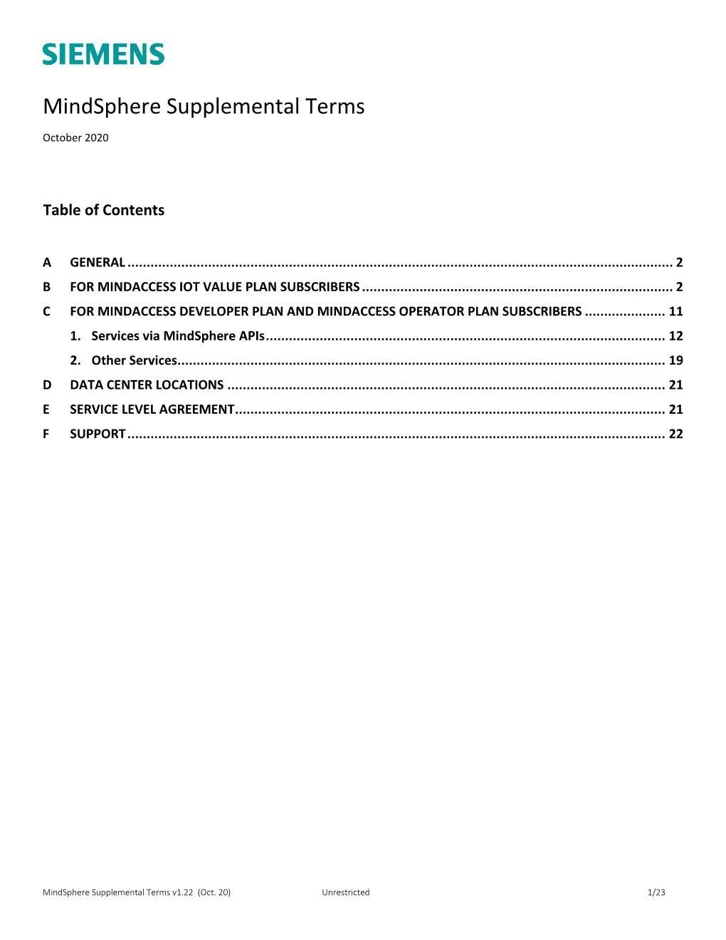 Mindsphere Supplemental Terms V1.22 October 1, 2020