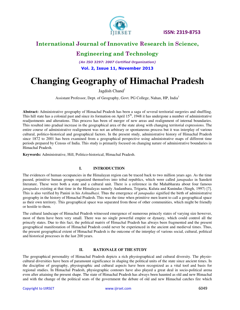 Changing Geography of Himachal Pradesh Jagdish Chand1 Assistant Professor, Dept