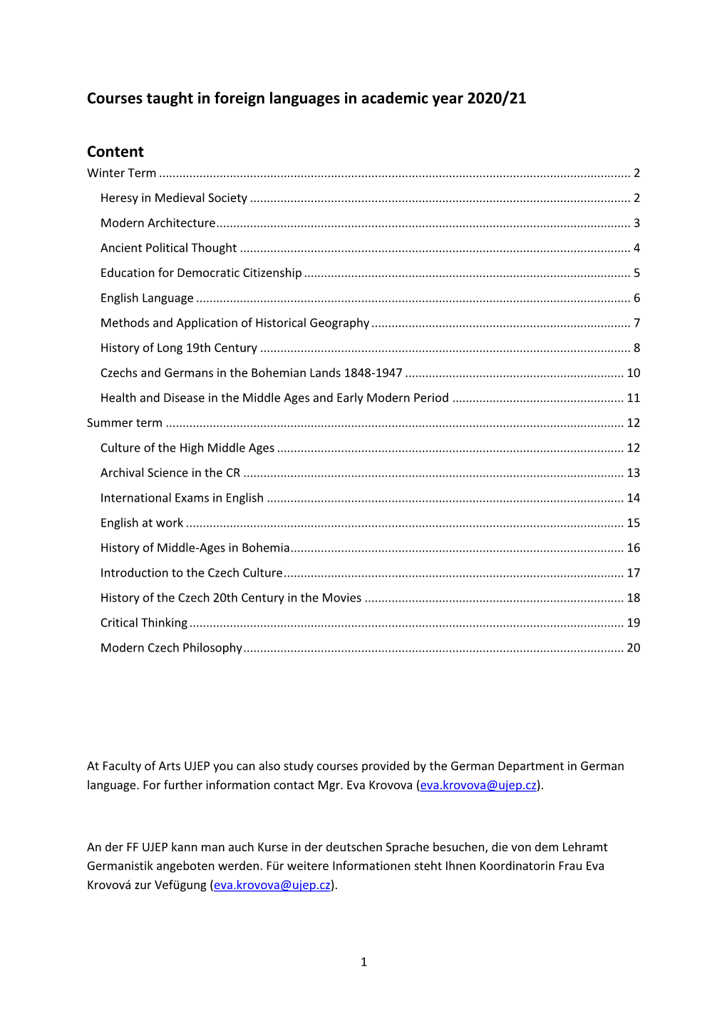 Courses Taught in Foreign Languages in Academic Year 2020/21 Content