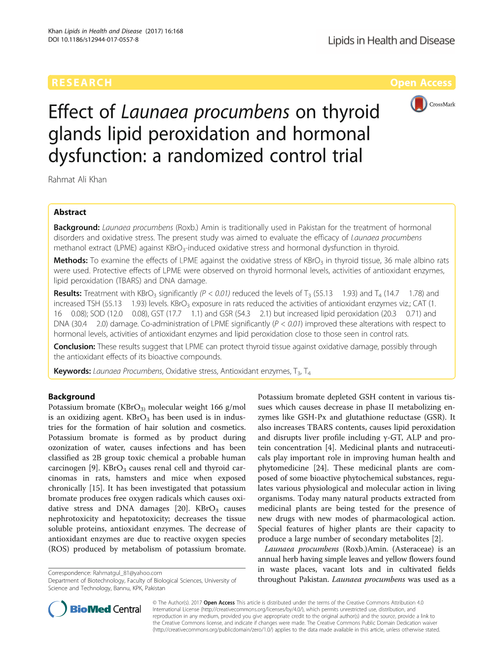 Effect of Launaea Procumbens on Thyroid Glands Lipid Peroxidation and Hormonal Dysfunction: a Randomized Control Trial Rahmat Ali Khan
