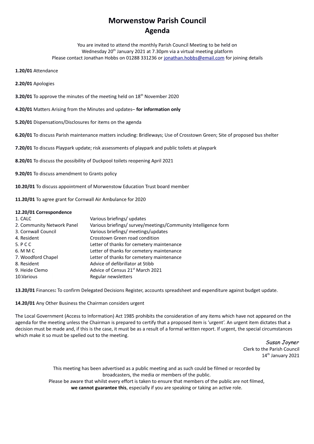 Morwenstow Parish Council Agenda