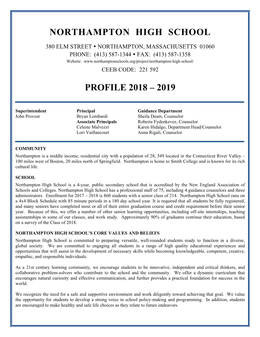 Northampton High School Profile 2018 – 2019