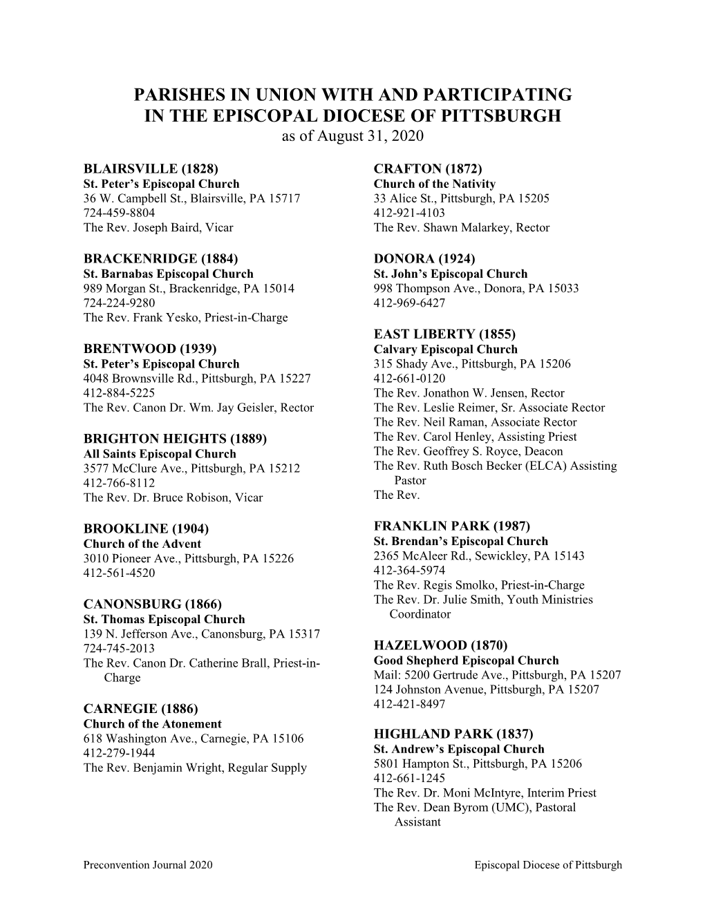 PARISHES in UNION with and PARTICIPATING in the EPISCOPAL DIOCESE of PITTSBURGH As of August 31, 2020