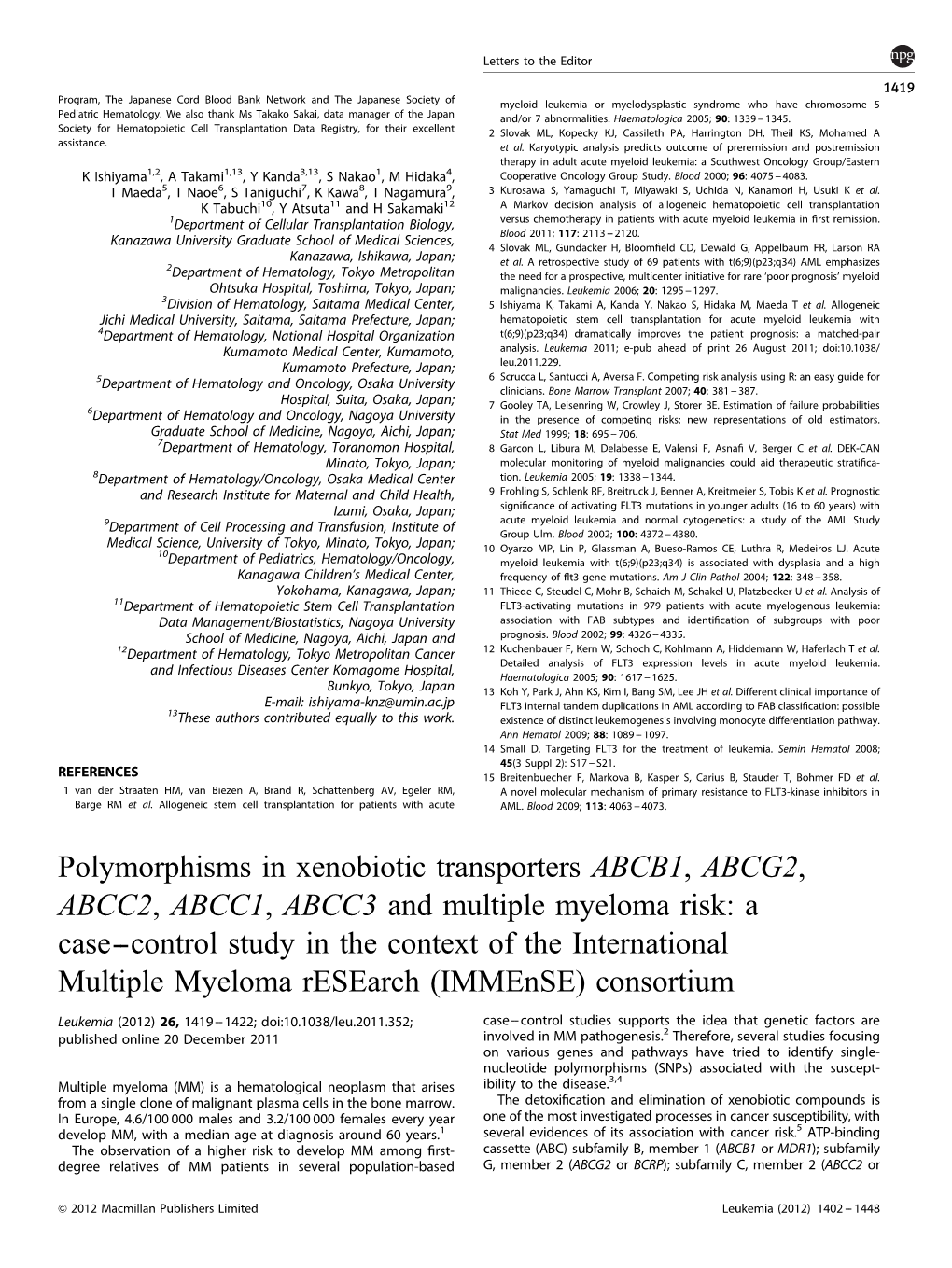 ABCG2, ABCC2, ABCC1, ABCC3 and Multiple Myeloma Risk: a Case--Control Study in the Context of the International Multiple Myeloma Research (Immense) Consortium