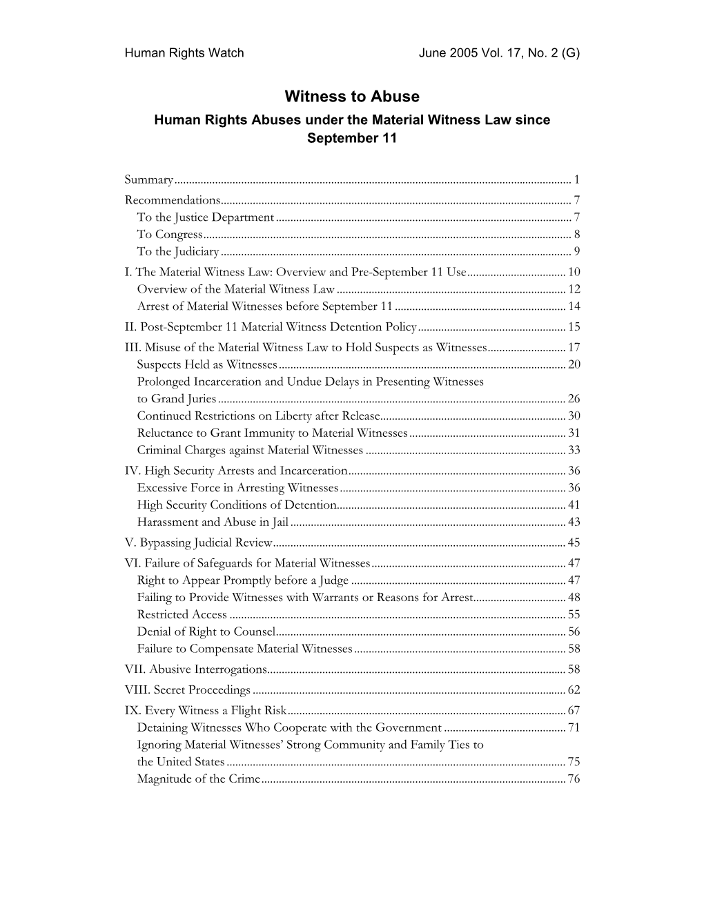 Witness to Abuse Human Rights Abuses Under the Material Witness Law Since September 11