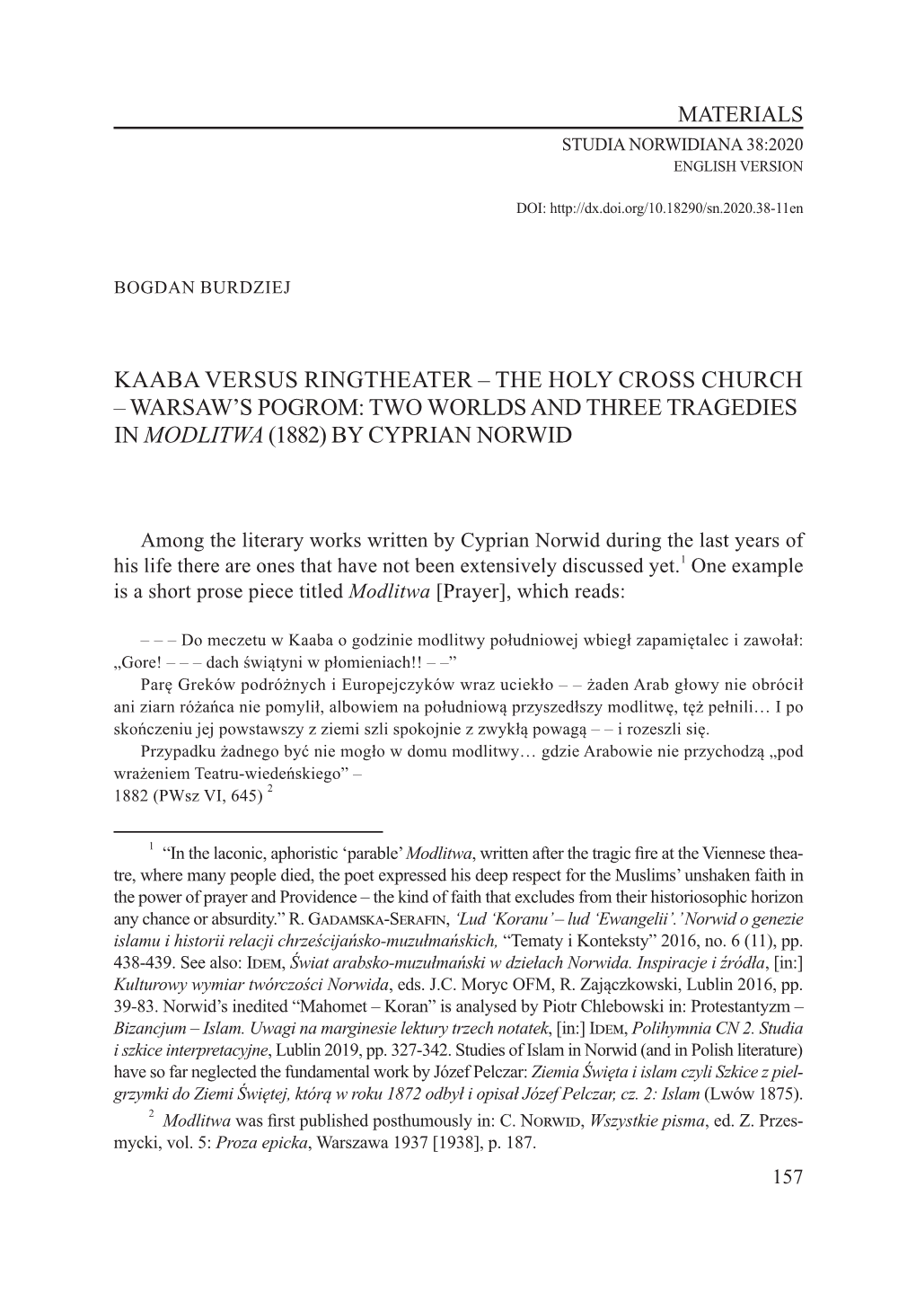 Kaaba Versus Ringtheater – the Holy Cross Church – Warsaw’S Pogrom: Two Worlds and Three Tragedies in Modlitwa (1882) by Cyprian Norwid