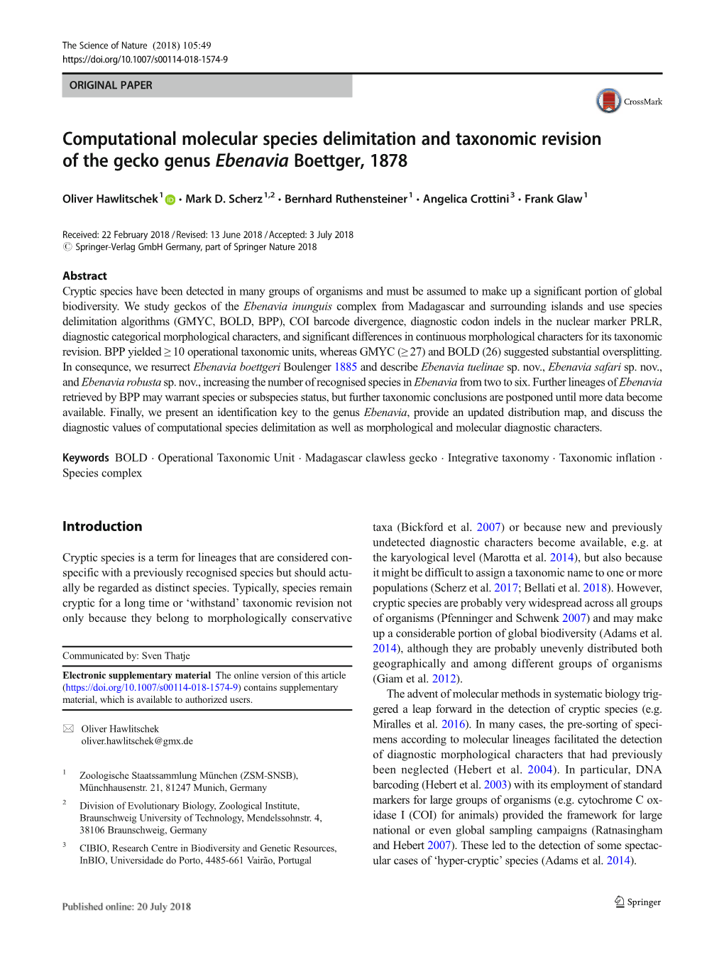 Computational Molecular Species Delimitation and Taxonomic Revision of the Gecko Genus Ebenavia Boettger, 1878