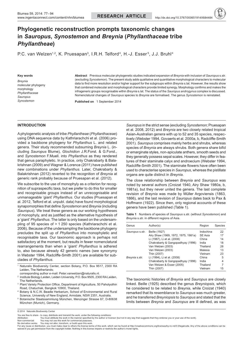 Phylogenetic Reconstruction Prompts Taxonomic Changes in Sauropus, Synostemon and Breynia (Phyllanthaceae Tribe Phyllantheae)