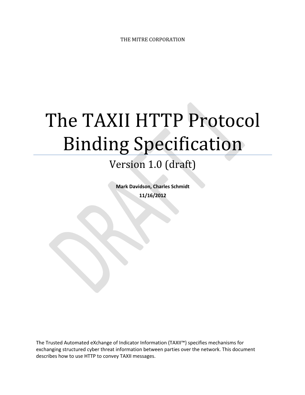 The TAXII HTTP Protocol Binding Specification Version 1.0 (Draft)