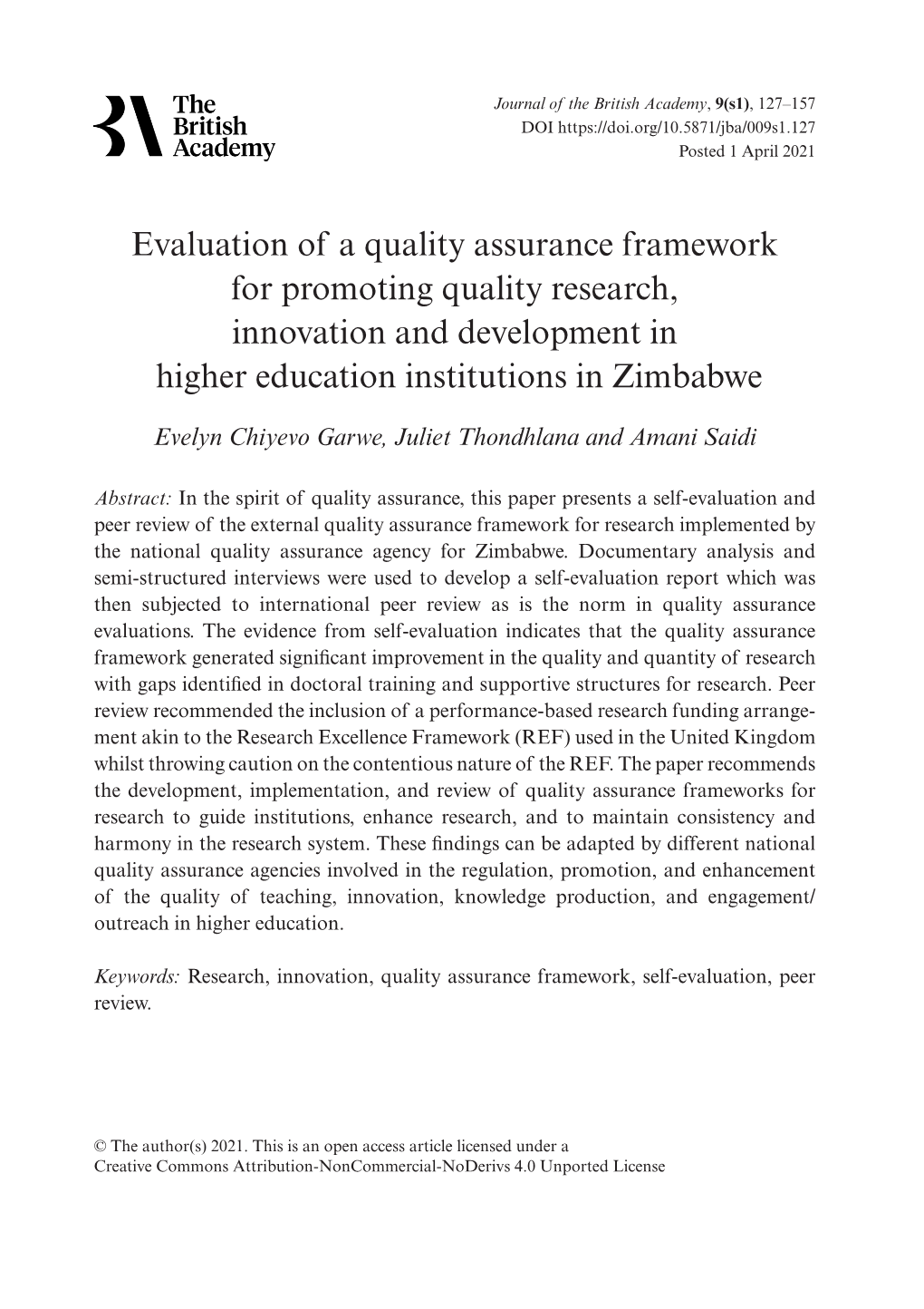 Evaluation of a Quality Assurance Framework for Promoting Quality Research, Innovation and Development in Higher Education Institutions in Zimbabwe