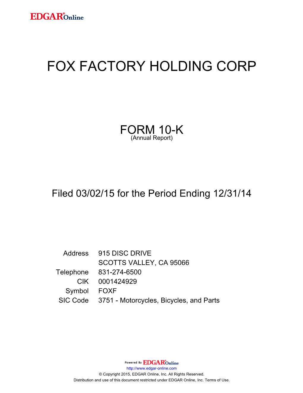 Fox Factory Holding Corp