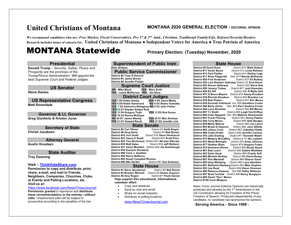 MONTANA Statewide Primary Election: (Tuesday) November, 2020