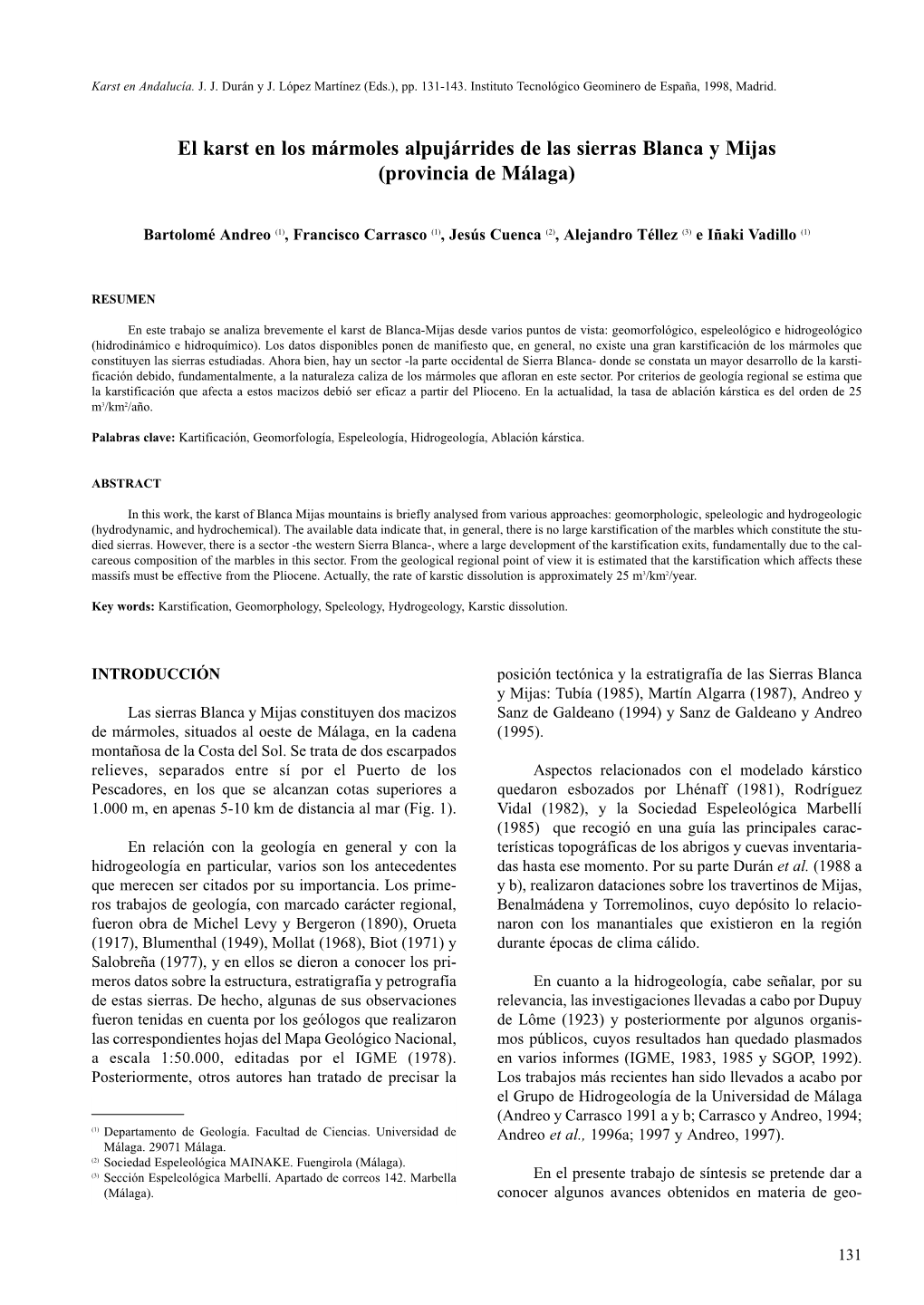 El Karst En Los Mármoles Alpujárrides De Las Sierras Blanca Y Mijas (Provincia De Málaga)
