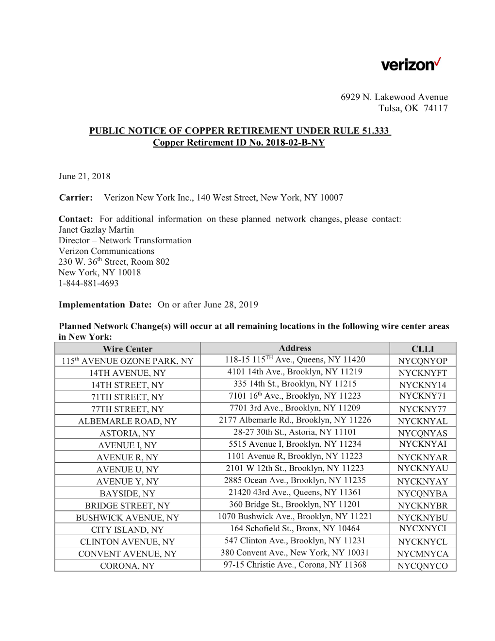 Copper Retirement ID No. 2018-02-B-NY