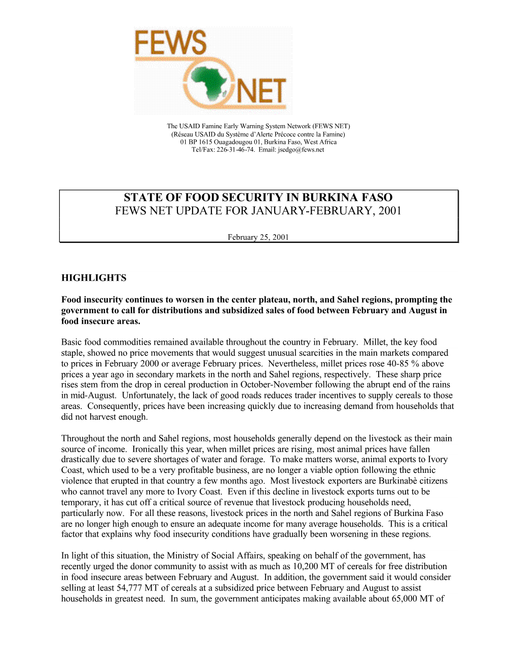 State of Food Security in Burkina Faso Fews Net Update for January-February, 2001