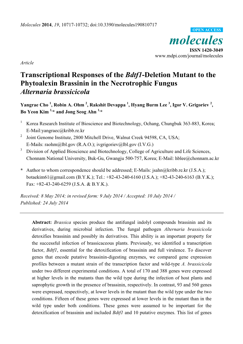 Transcriptional Responses of the Bdtf1-Deletion Mutant to the Phytoalexin Brassinin in the Necrotrophic Fungus Alternaria Brassicicola