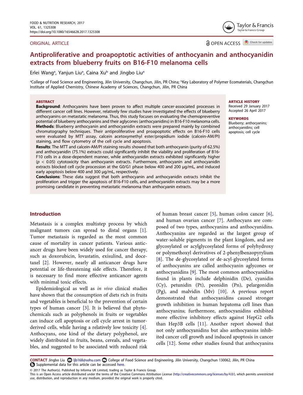 Antiproliferative and Proapoptotic Activities of Anthocyanin and Anthocyanidin Extracts from Blueberry Fruits on B16-F10 Melanoma Cells