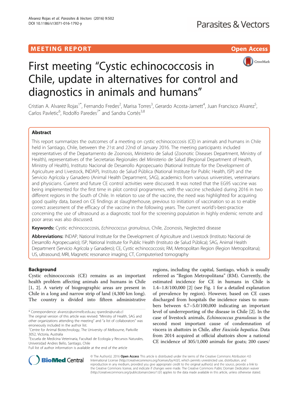 First Meeting “Cystic Echinococcosis in Chile, Update in Alternatives for Control and Diagnostics in Animals and Humans” Cristian A