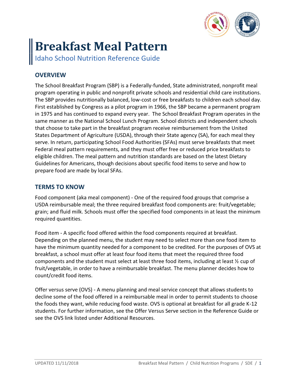 Breakfast Meal Pattern Idaho School Nutrition Reference Guide