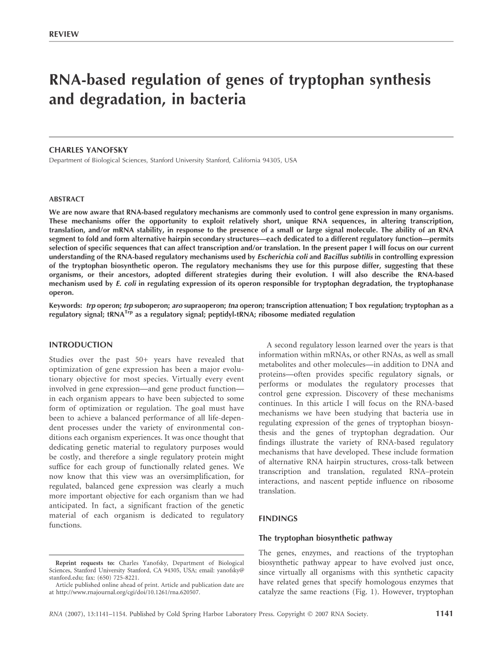 RNA-Based Regulation of Genes of Tryptophan Synthesis and Degradation, in Bacteria