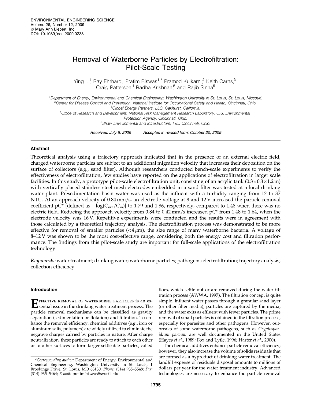 Removal of Waterborne Particles by Electrofiltration: Pilot-Scale Testing