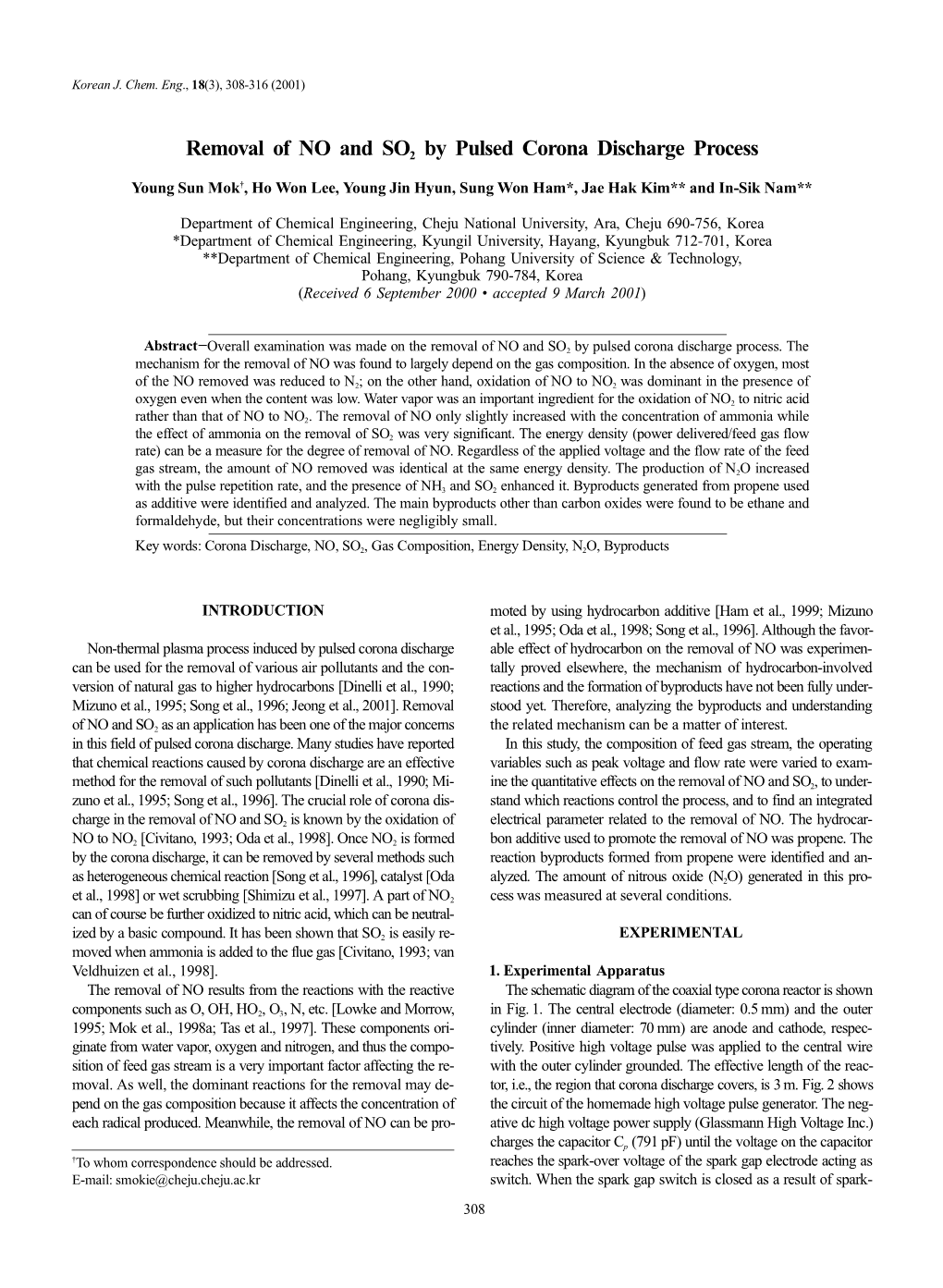 Removal of NO and SO2 by Pulsed Corona Discharge Process