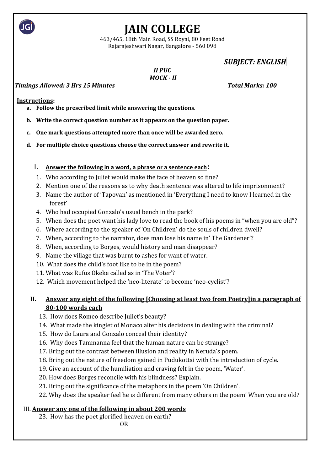 II PUC English Mock Paper II