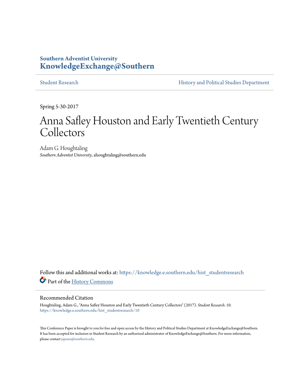 Anna Safley Houston and Early Twentieth Century Collectors Adam G