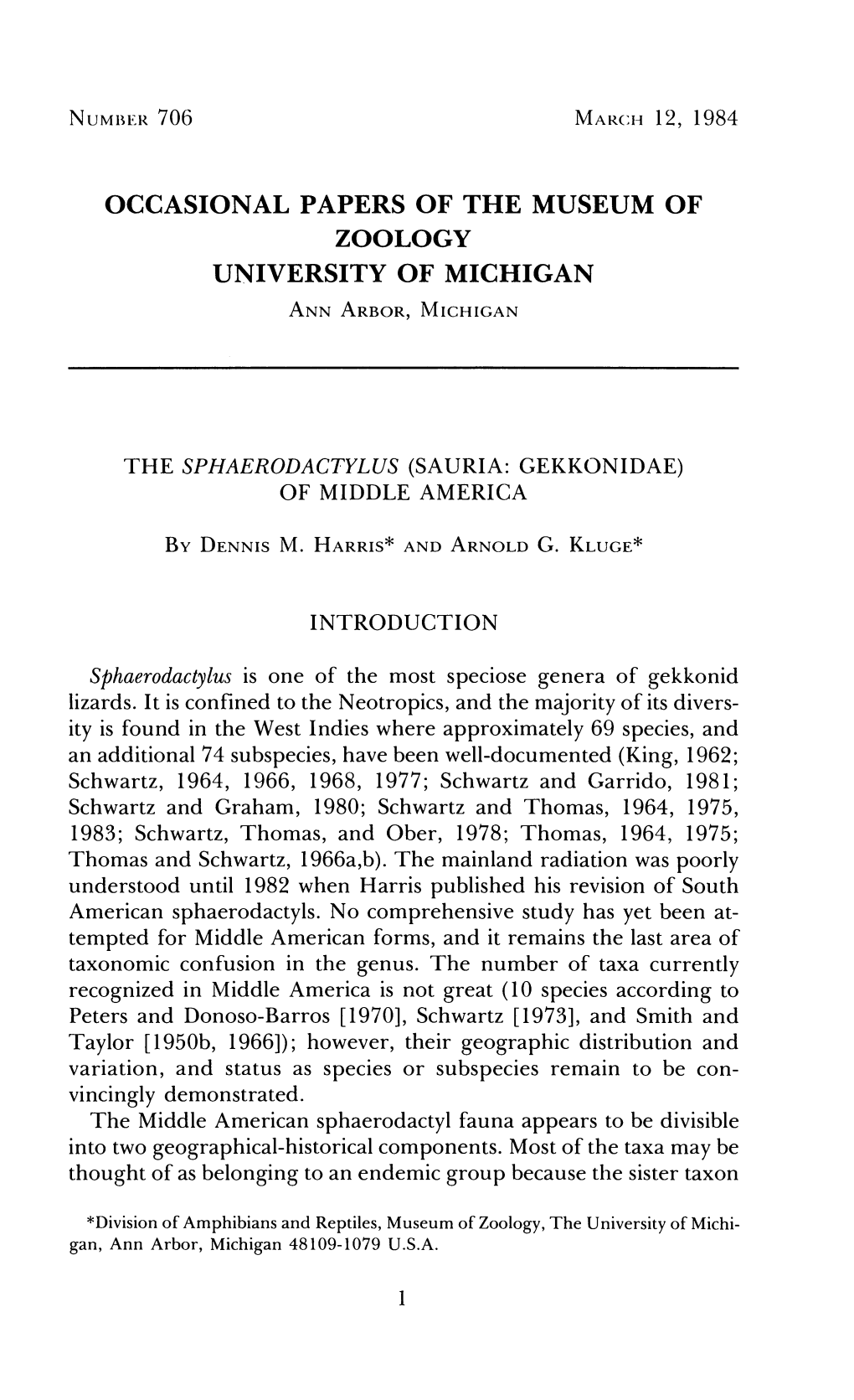 Occasional Papers of the Museum of Zoology University of Michigan Annarbor, Miciiigan