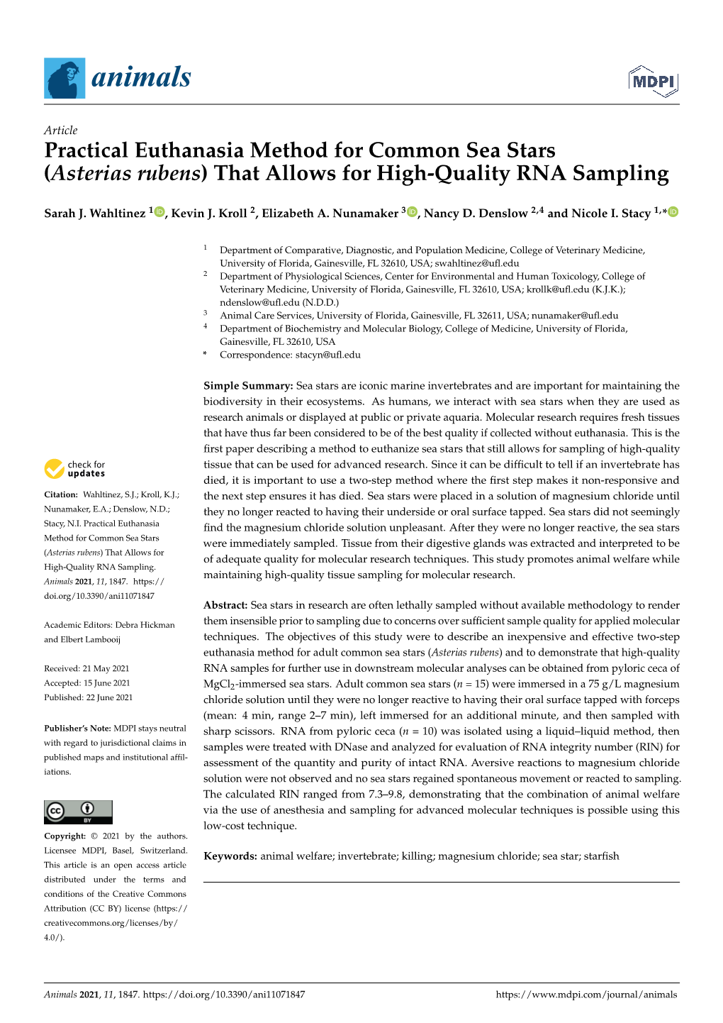 Practical Euthanasia Method for Common Sea Stars (Asterias Rubens) That Allows for High-Quality RNA Sampling