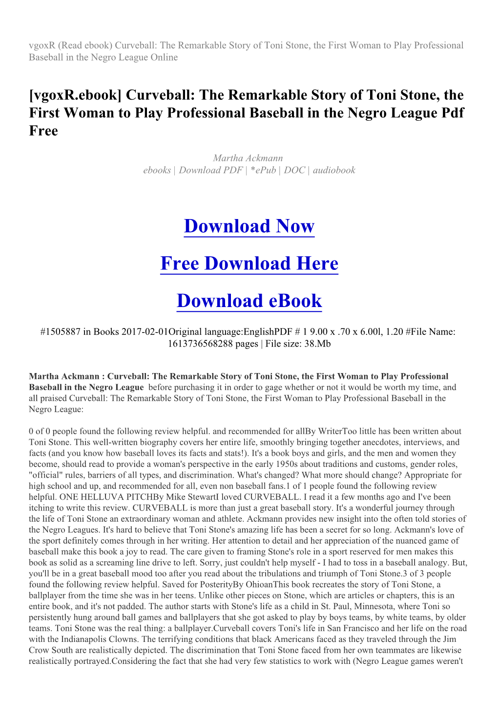 Curveball: the Remarkable Story of Toni Stone, the First Woman to Play Professional Baseball in the Negro League Online