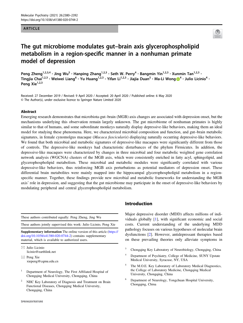 The Gut Microbiome Modulates Gutâ€“Brain Axis Glycerophospholipid