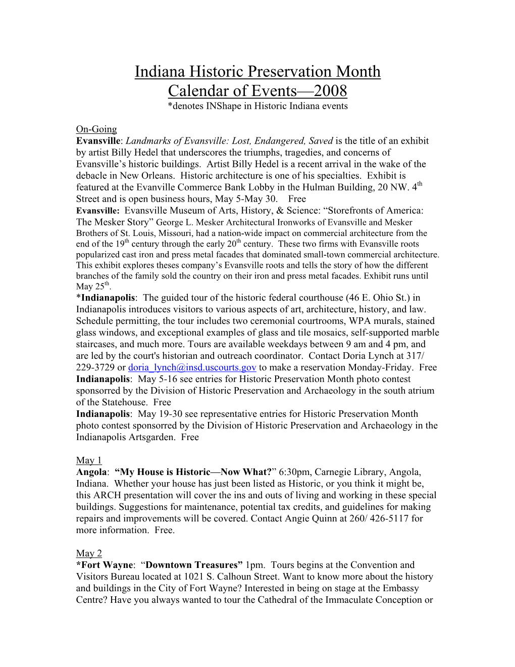 Indiana Historic Preservation Month Calendar of Events—2008 *Denotes Inshape in Historic Indiana Events