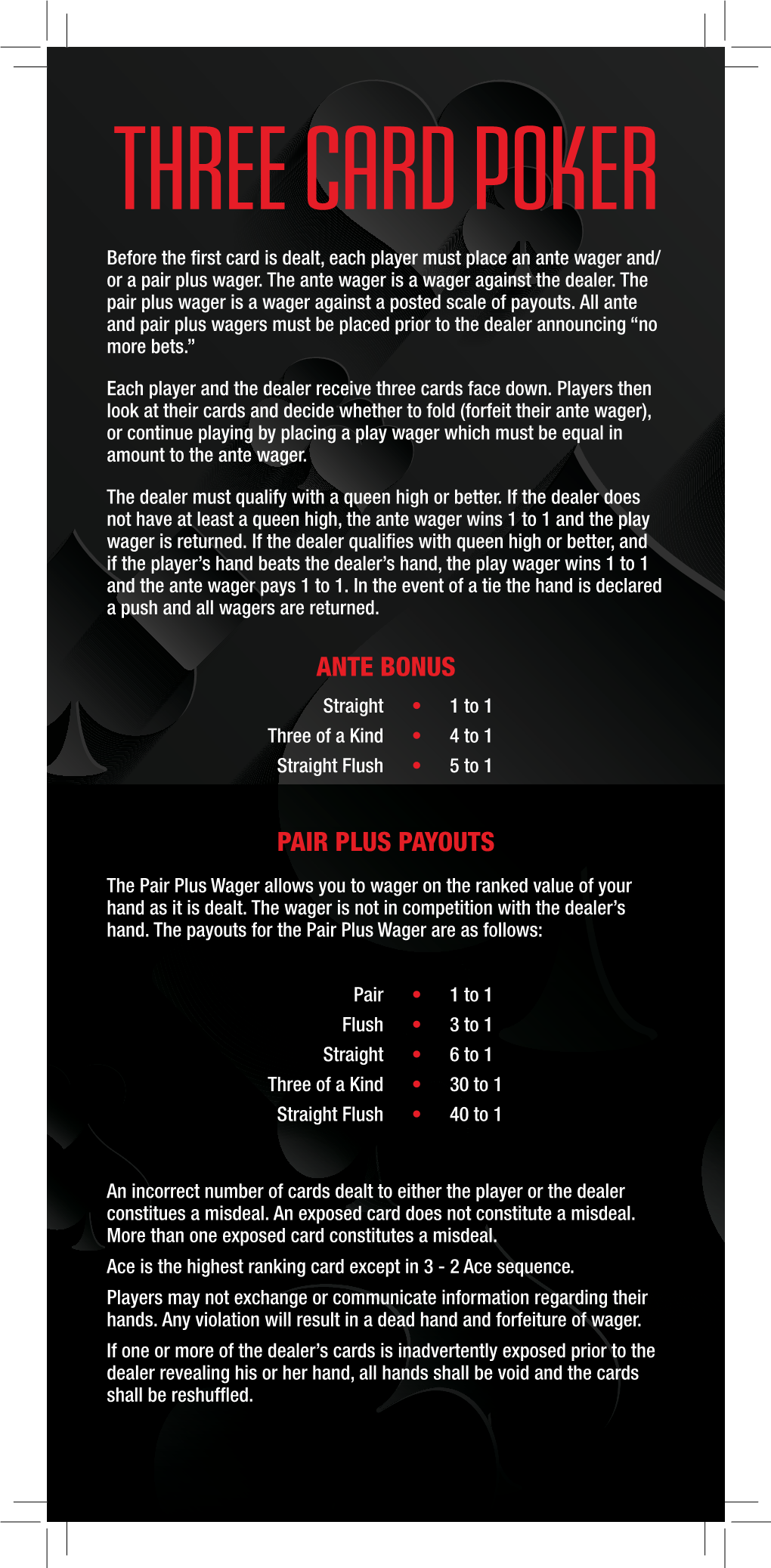 THREE CARD POKER Before the First Card Is Dealt, Each Player Must Place an Ante Wager And/ Or a Pair Plus Wager