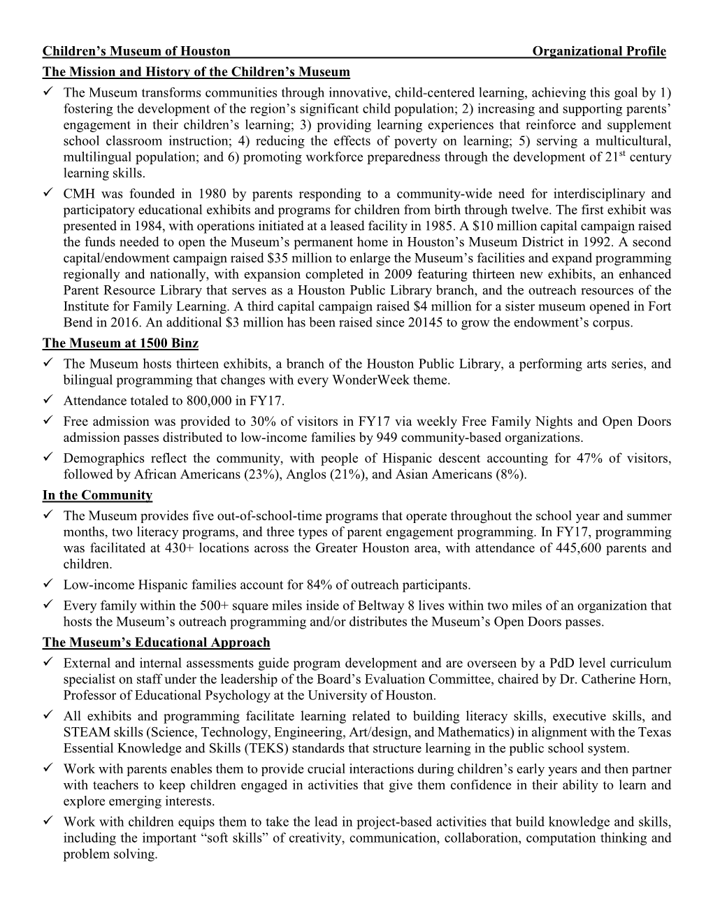 Children's Museum of Houston Organizational Profile the Mission