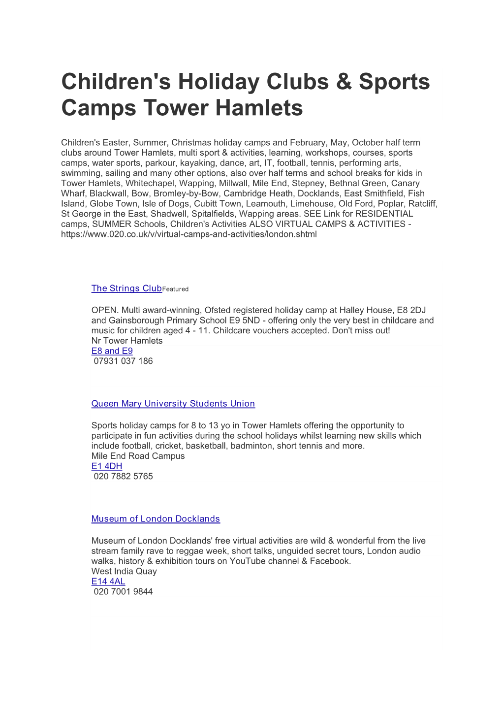 Children's Holiday Clubs & Sports Camps Tower Hamlets