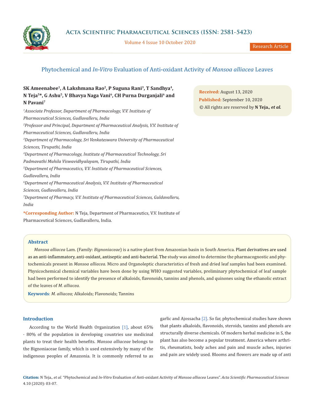 Phytochemical and In-Vitro Evaluation of Anti-Oxidant Activity of Mansoa Alliacea Leaves