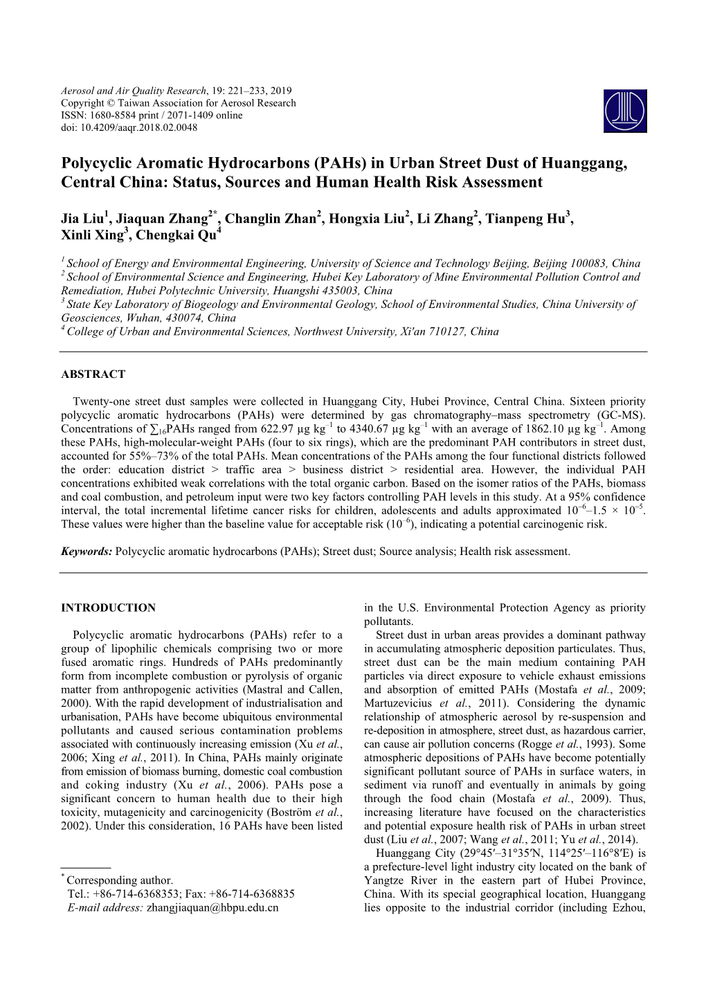 (Pahs) in Urban Street Dust of Huanggang, Central China: Status, Sources and Human Health Risk Assessment