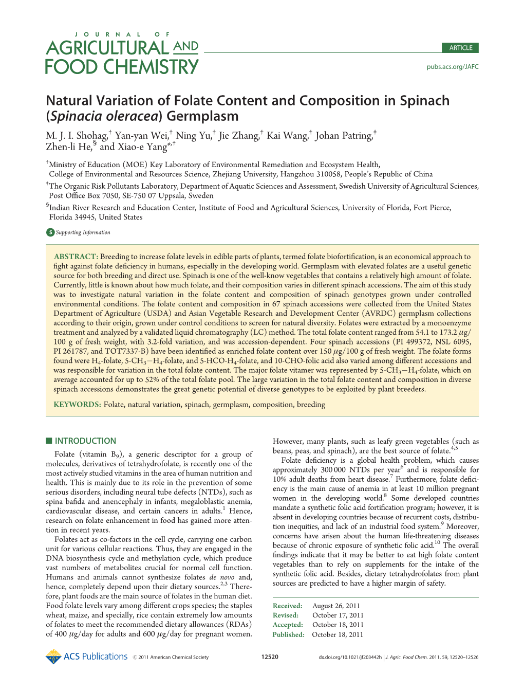 Natural Variation of Folate Content and Composition in Spinach (Spinacia Oleracea) Germplasm † † † † † ‡ M