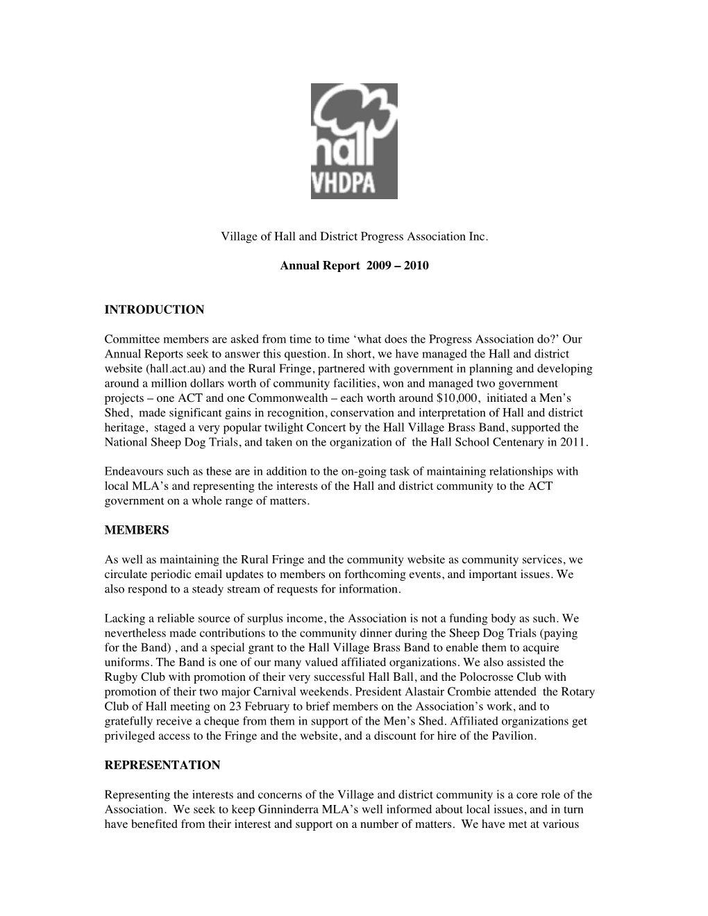 Village of Hall and District Progress Association Inc. Annual Report