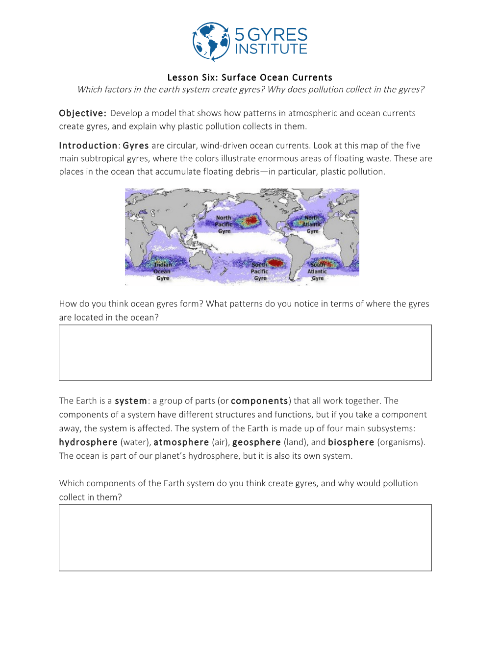 6 Ocean Currents 5 Gyres Curriculum