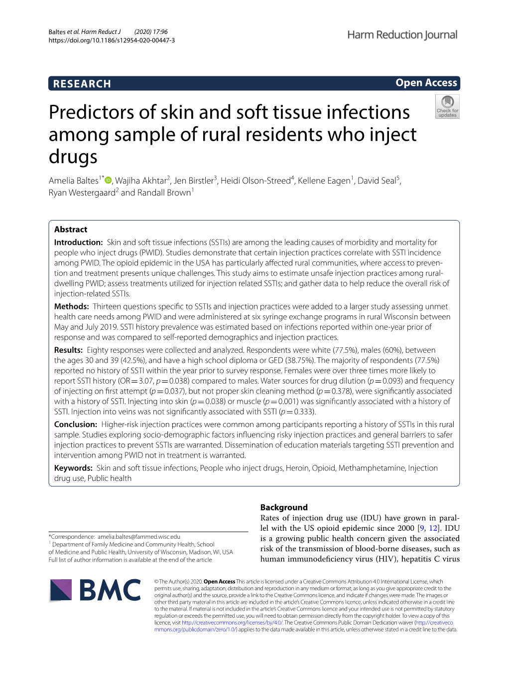 Predictors of Skin and Soft Tissue Infections Among Sample of Rural Residents Who Inject Drugs