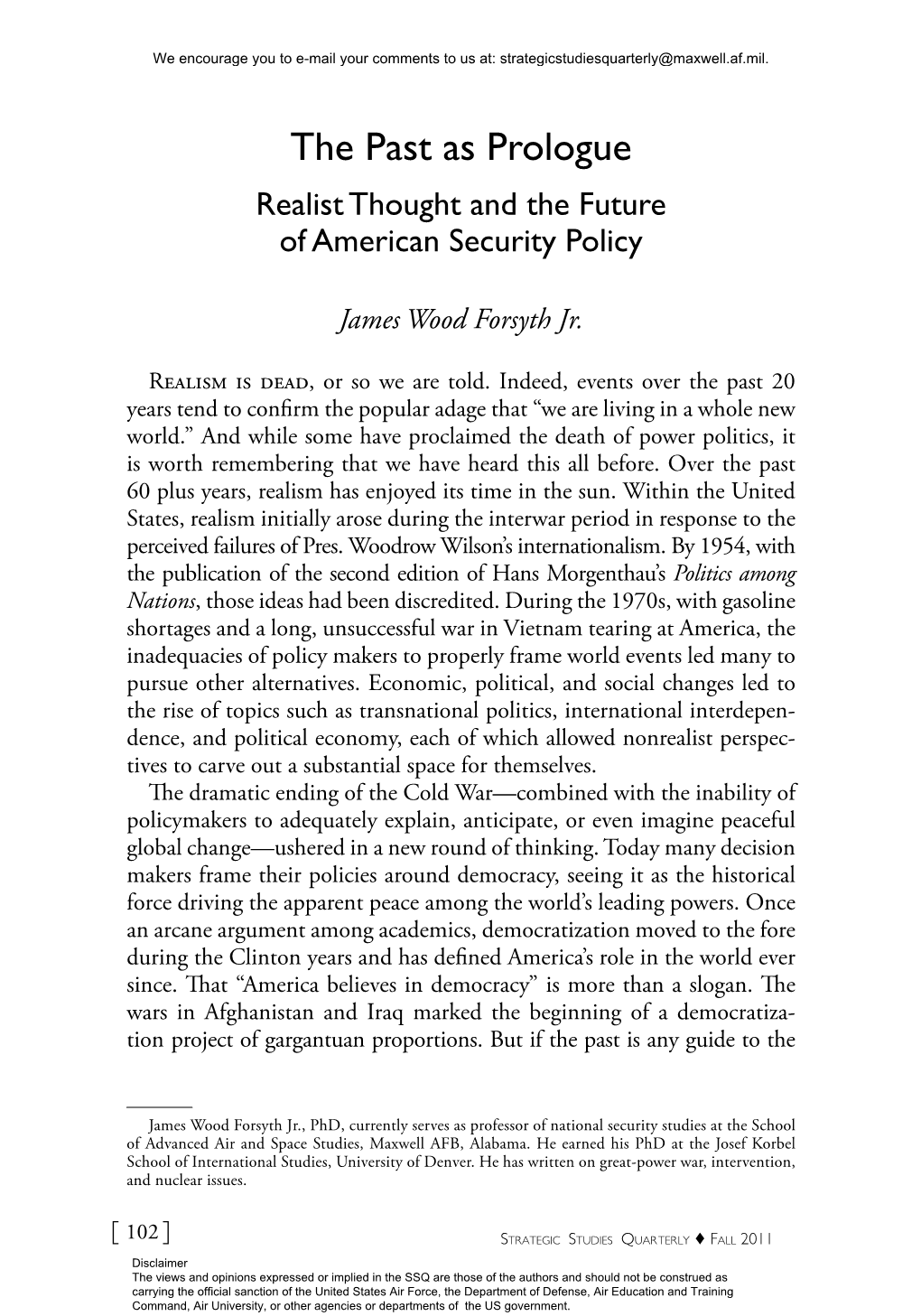 Realist Thought and the Future of American Security Policy