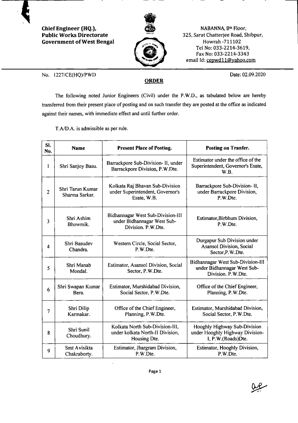 Chief Engineer (HQ.), Public Works Directorate Government of West