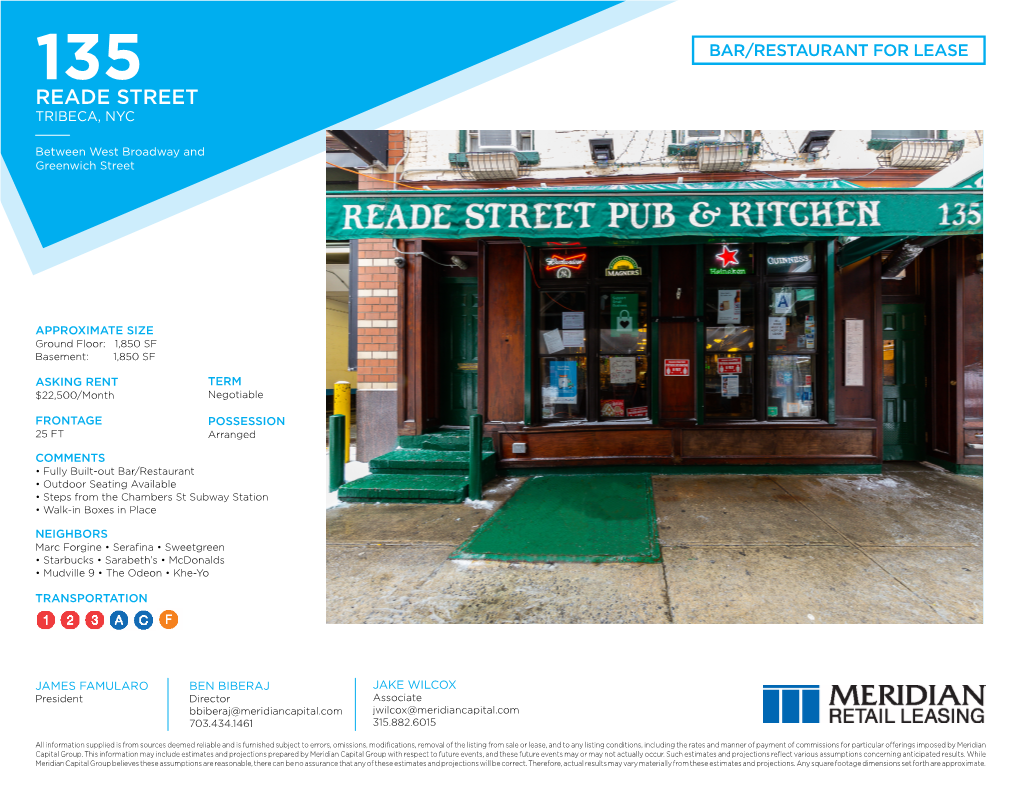 135 Bar/Restaurant for Lease Reade Street Tribeca, Nyc